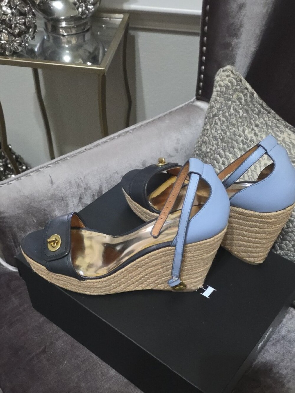 Coach Sky Blue and Navy Espadrille Wedge Sandals with Ankle Strap - Picture 5 of 5